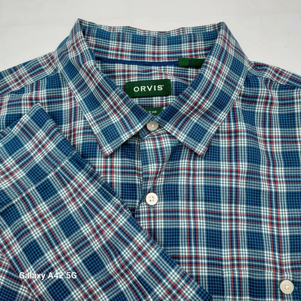 Orvis Mens XXL Classic Fit Plaid Button Down Shirt Blue Red White Long Sleeve